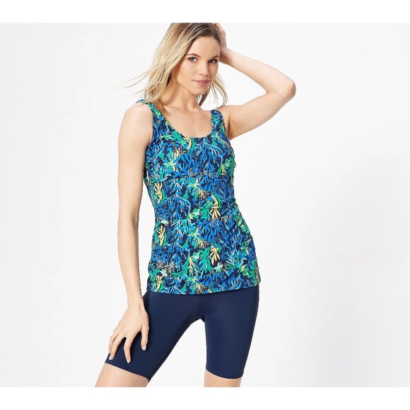 Denim and Co Beach Bike Short Tankini Mastectomy Friendly Sz 14 Blue Coral Swim - Picture 1 of 11